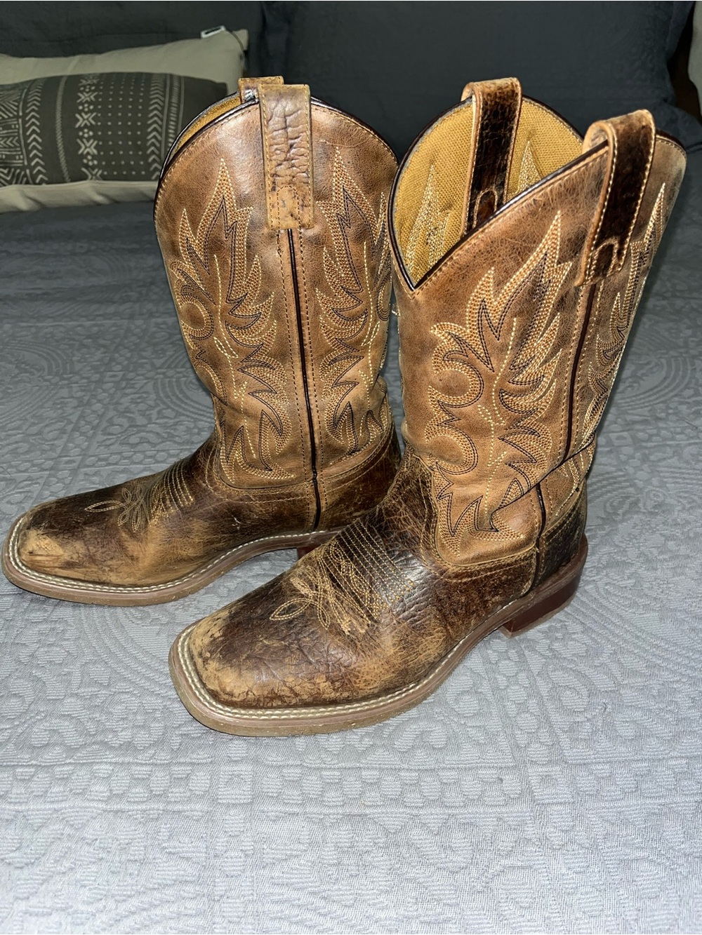 7.5d Boys Men's Brown Leather Western Cowboy Boots with Embroidered Shaft Laredo